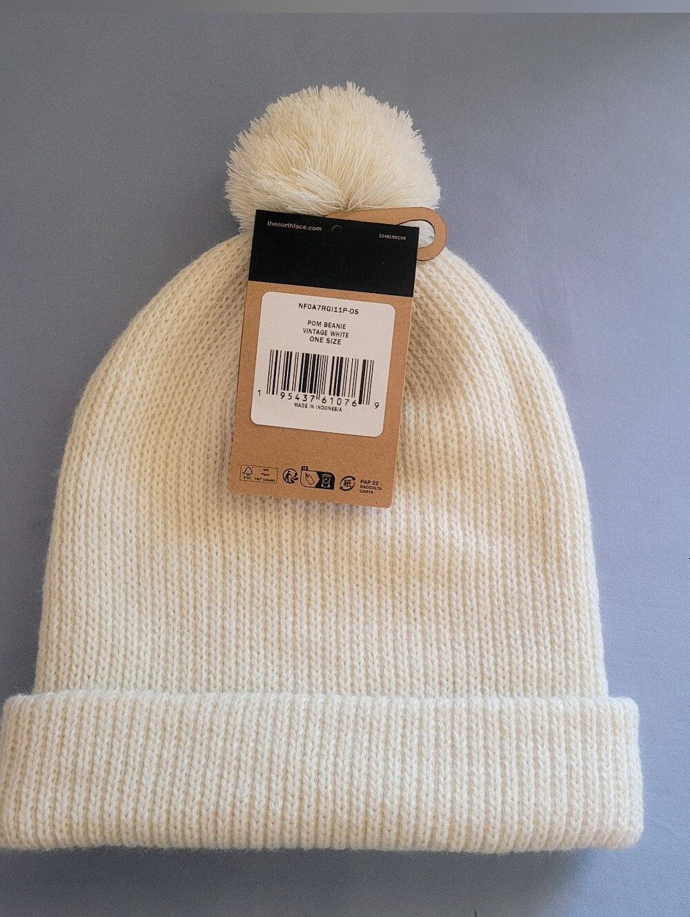 The North Face Unisex  Pom Beanie Vintage White One Size NWT ( Except The Logo )